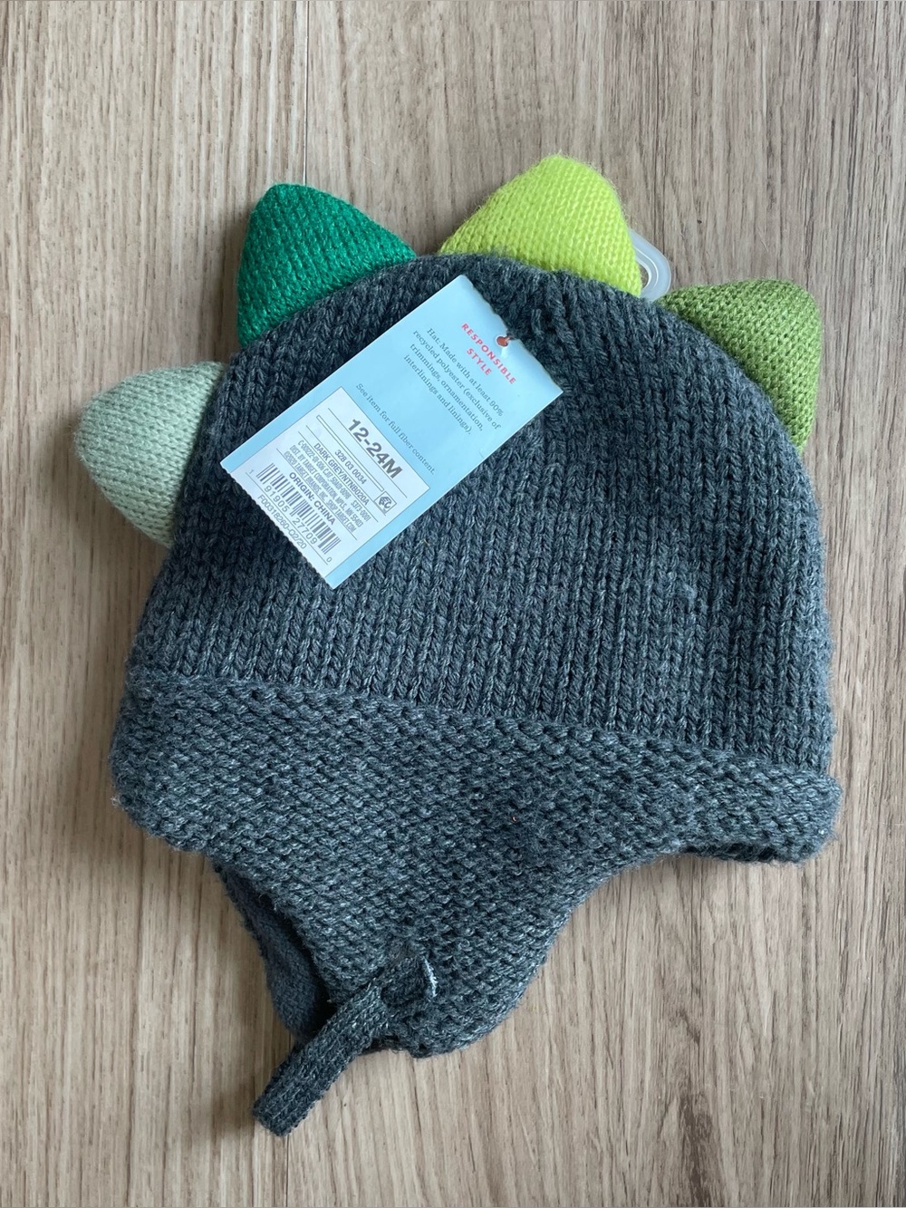 Cat & Jack 12-24M Knit Dino Spike Trapper Hat Ear Flap Lined Strap Gray Toddler